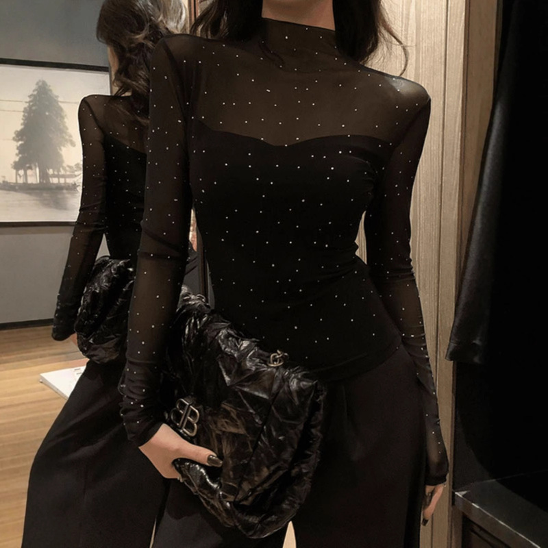 Polka Dot Half Turtleneck Lace Bottoming Shirt for Women, Fashionable Early Autum Sexy Autum and Winter Cut Out Mesh Top