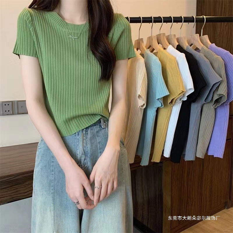 Round Neck Short-Sleeved Sweater for Women Summer New Versatile Slim Solid Color Petite Top Women's Sweater