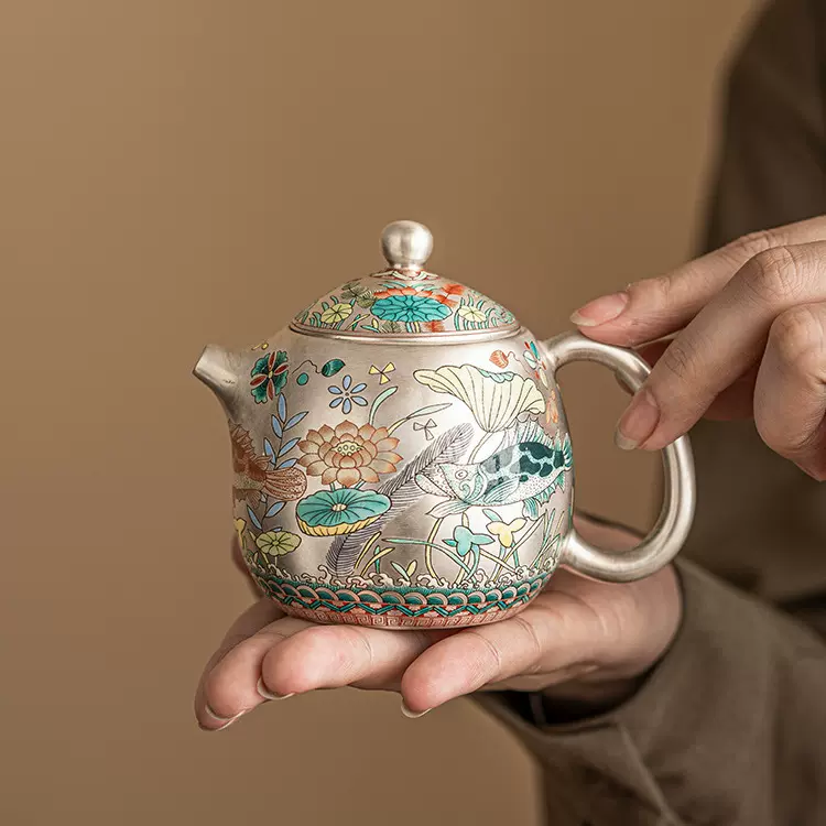 几欢 鎏银鱼藻纹龙蛋壶泡茶单壶999纯银家用手工茶壶高档功夫茶具