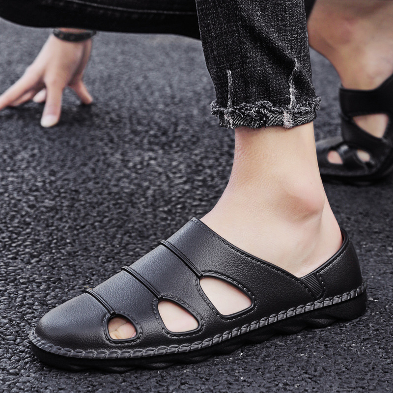 Summer New Cross-border Large Size Men's Lightweight Hollow Beach Shoes Fashion Trendy Casual Bean Sandals Driving Shoes