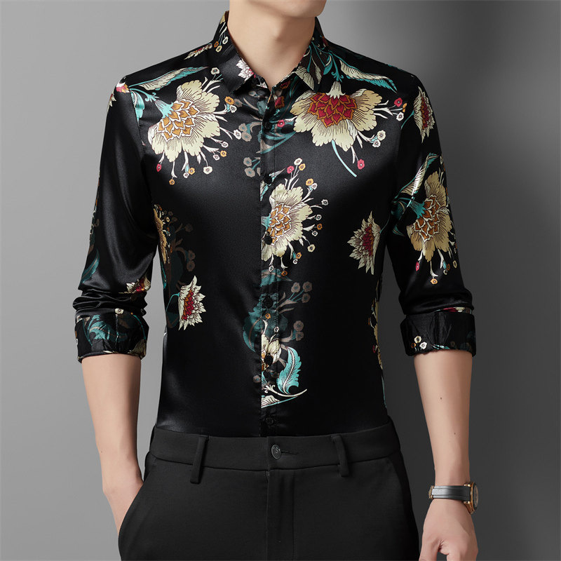 Camisas jóvenes de mediana edad de alta gama para hombres primavera y otoño tendencia floral coreana camisa de algodón nueva camisa floral de manga larga