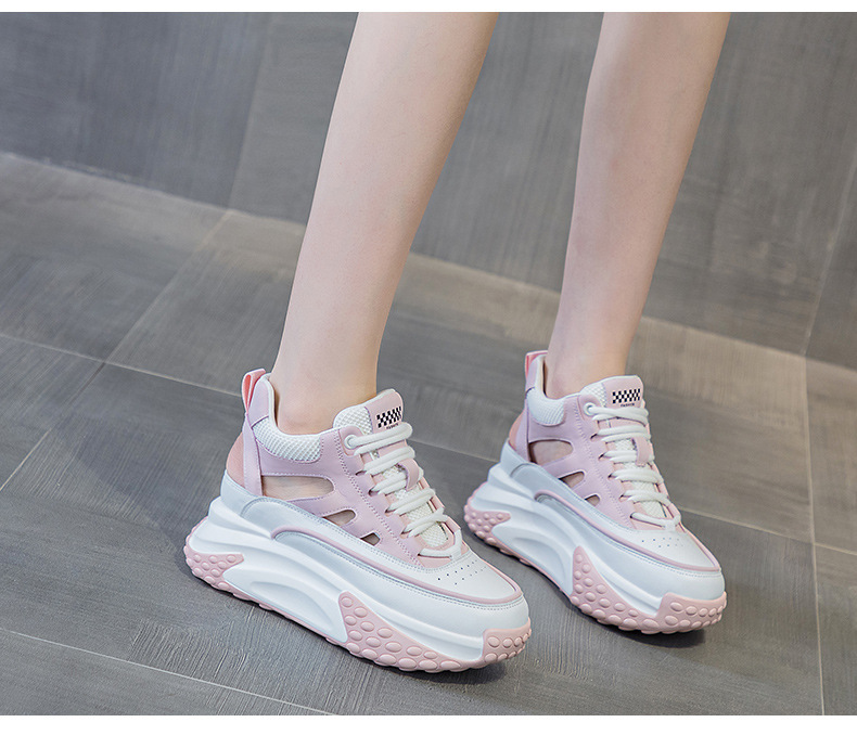 Giày sneaker nữ da thật đế dày phong cách bố mùa hè 2025 nhẹ tăng chiều cao — M2357 màu hồng, M2357 màu xanh lá cây, M2357 màu trắng chi tiết 26