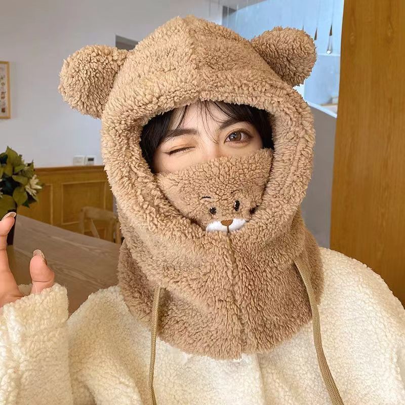 帽子 レディース 韓国風 秋冬 ラムズウール 暖かい ネックマスク プルオーバー帽子 ぬいぐるみ かわいい クマ スカーフ オールインワン帽子|undefined