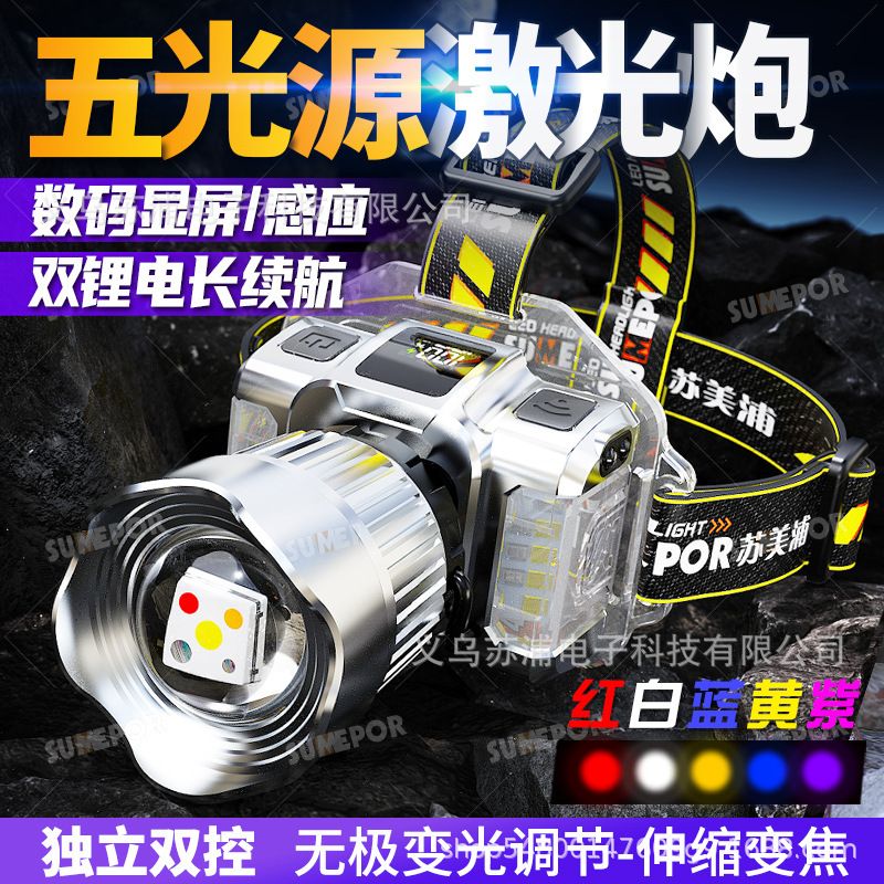 Five-Color Led Mining Lamp, Ultra-Bright Rechargeable Headlamp, Head-Mounted Fishing Outdoor Long-Range Sensing Strong Light Zoom T930