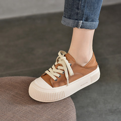 休閒板鞋女頭層牛皮系帶百搭懶人鞋2024春季新款軟皮軟底低幫單鞋