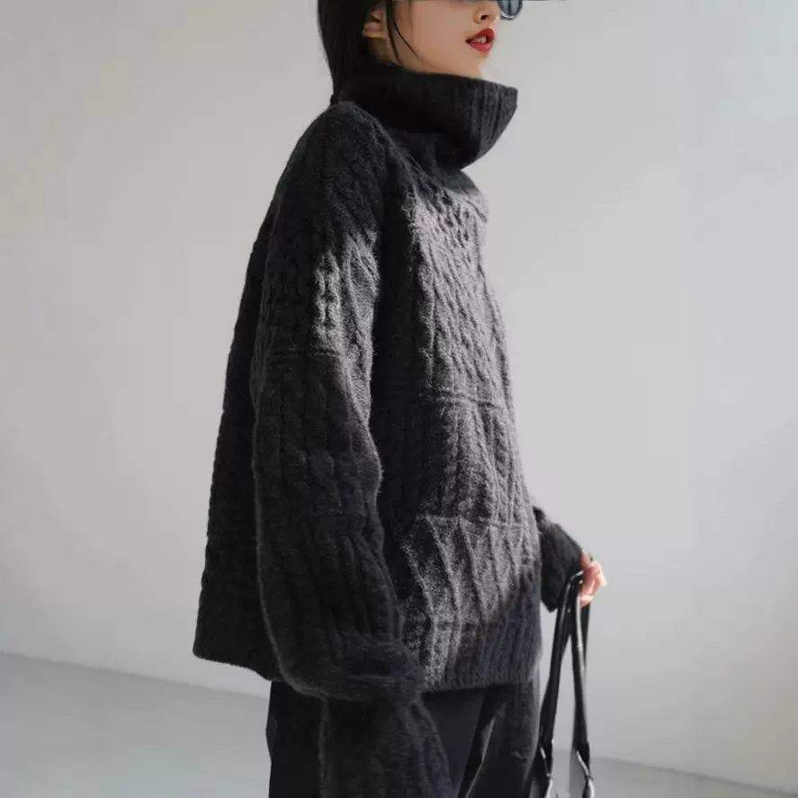 翻领麻花毛衣外套女25秋冬新款宽松慵懒风针织开衫加厚羊毛衫上衣