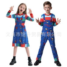 儿童鬼娃恰吉套装印花字母纽扣背带裤变装服男女万圣节恐怖装扮服
