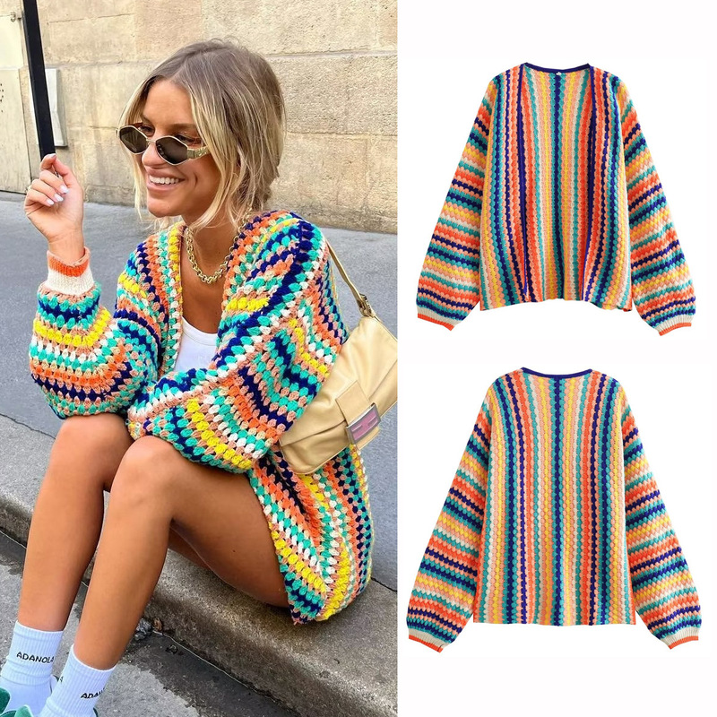 2024 Autumn Ethnic Style Contrast Color Crocheted Sweater Colorful Striped Knitted Loose Cardigan Sweater 8Ls2768 2024 Autumn Ethnic Style Contrast Color Crocheted Sweater Colorful Striped Knitted Loose Cardigan Sweater 8Ls2768