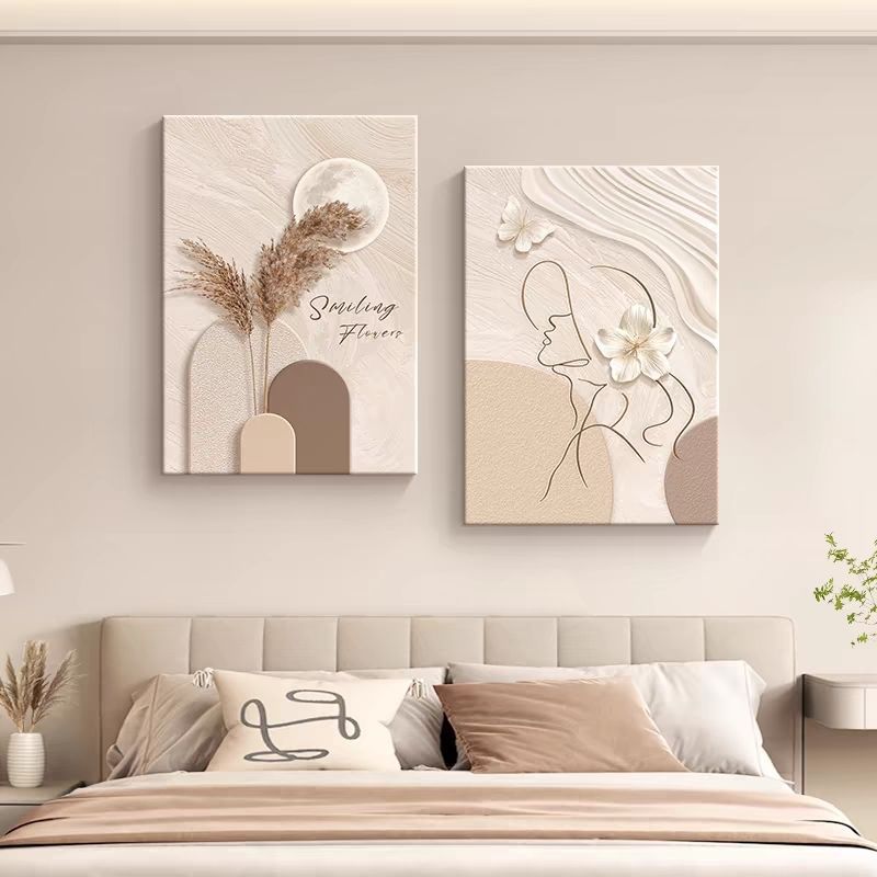 Modern Minimalist Bedroom Bedside Decorative Painting Abstract Line Character Hanging Painting Cream Style Log Style Living Room Wall Painting