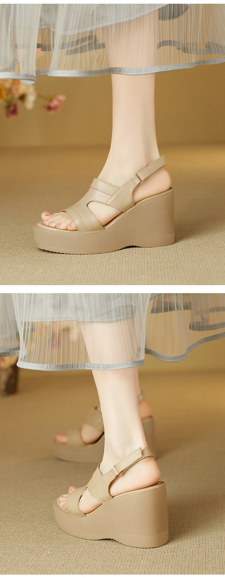 Sandal nữ hở mũi đế xuồng da bò cao gót quai ngang phong cách La Mã — đen chi tiết 4