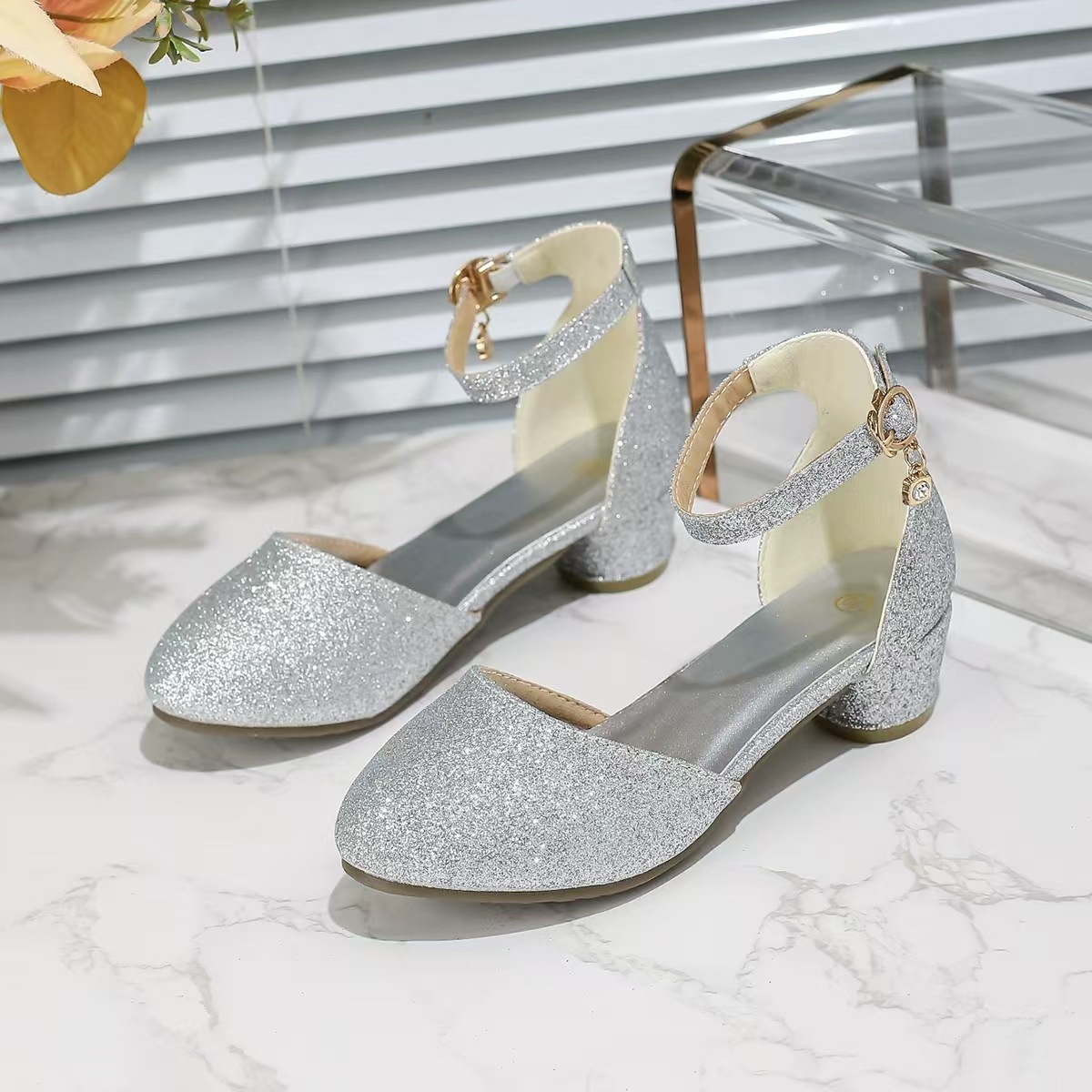 New Girls' Sandals Little Girls' Piano Performance Stage Crystal Single Shoes Children's Middle and Big Children's Princess High Heeled Leather Shoes