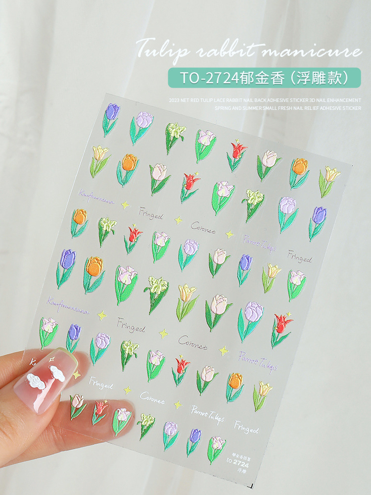 Tulipán uñas alivio pegatinas 2023 nueva celebridad en línea de encaje conejo uñas decoraciones 3D 3D calcomanías