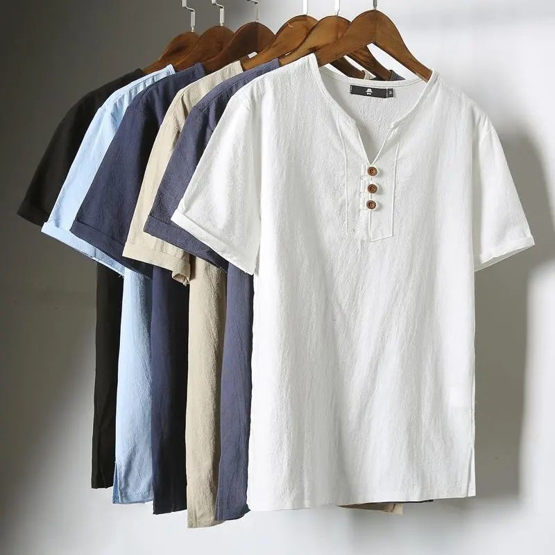 Camiseta de manga corta de algodón y lino de verano para hombre, camiseta suelta de media manga, ropa con cuello en V de lino de marca de moda china para hombre image 5