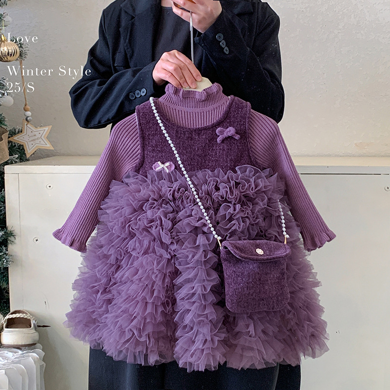 Girls' Dress Autumn and Winter 2025 New Style Knitted Top Sleeveless Velvet Dress Two-Piece Set