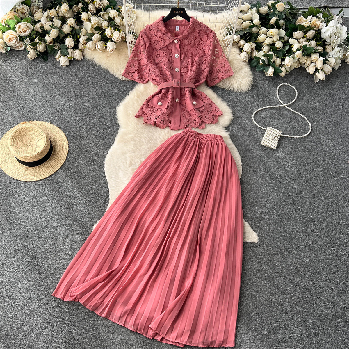 Damen Zweiteiliges Set Aus Kurzarmbluse Und Plisseerock Für Den Sommer_voghion.com