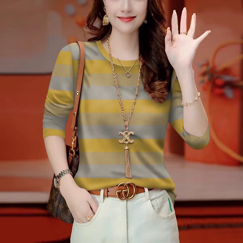 High-End Foreign Trade Women's Clothing 2025 New Autumn Style Age-Reducing Long-Sleeve Tummy-Covering T-Shirt Trendy Striped Top for Women High-End Foreign Trade Women's Clothing 2025 New Autumn Style Age-Reducing Long-Sleeve Tummy-Covering T-Shirt Trendy Striped Top for Women