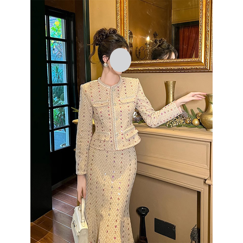Small Chanel Style Dress Two-piece New Year Sweet and Hot Style French Style Rich Girl's Women's Short Coat Fishtail Skirt Small Chanel Style Dress Two-piece New Year Sweet and Hot Style French Style Rich Girl's Women's Short Coat Fishtail Skirt