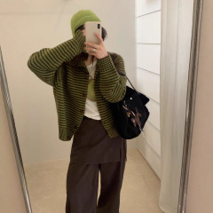 韩系条纹开衫毛衣外套女2025秋冬季温柔慵懒风宽松软糯针织衫上衣