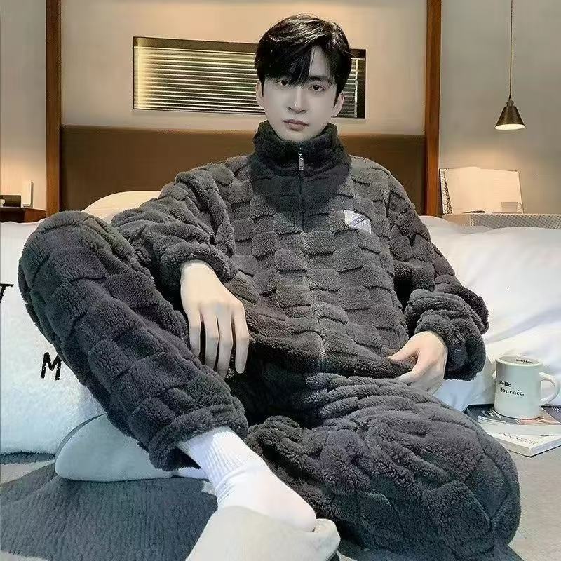 Pajamas for Men in Autumn and Winter Coral Velvet Fleece-Lined Thickeneded Large Size Teenagers Winter Warm Home Clothes Suit Zipper Style