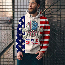 春秋季街头嘻哈新款热门美国国旗刷满印花男装卫衣潮流套头连帽衫