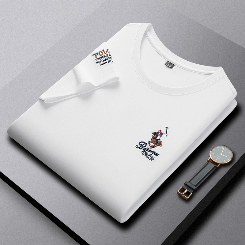 Ali Tiger Men's Summer New Solid Color Cotton Round Neck Short Sleeve Exquisite Embroidered Thin Fashionable Casual Men's T-Shirt