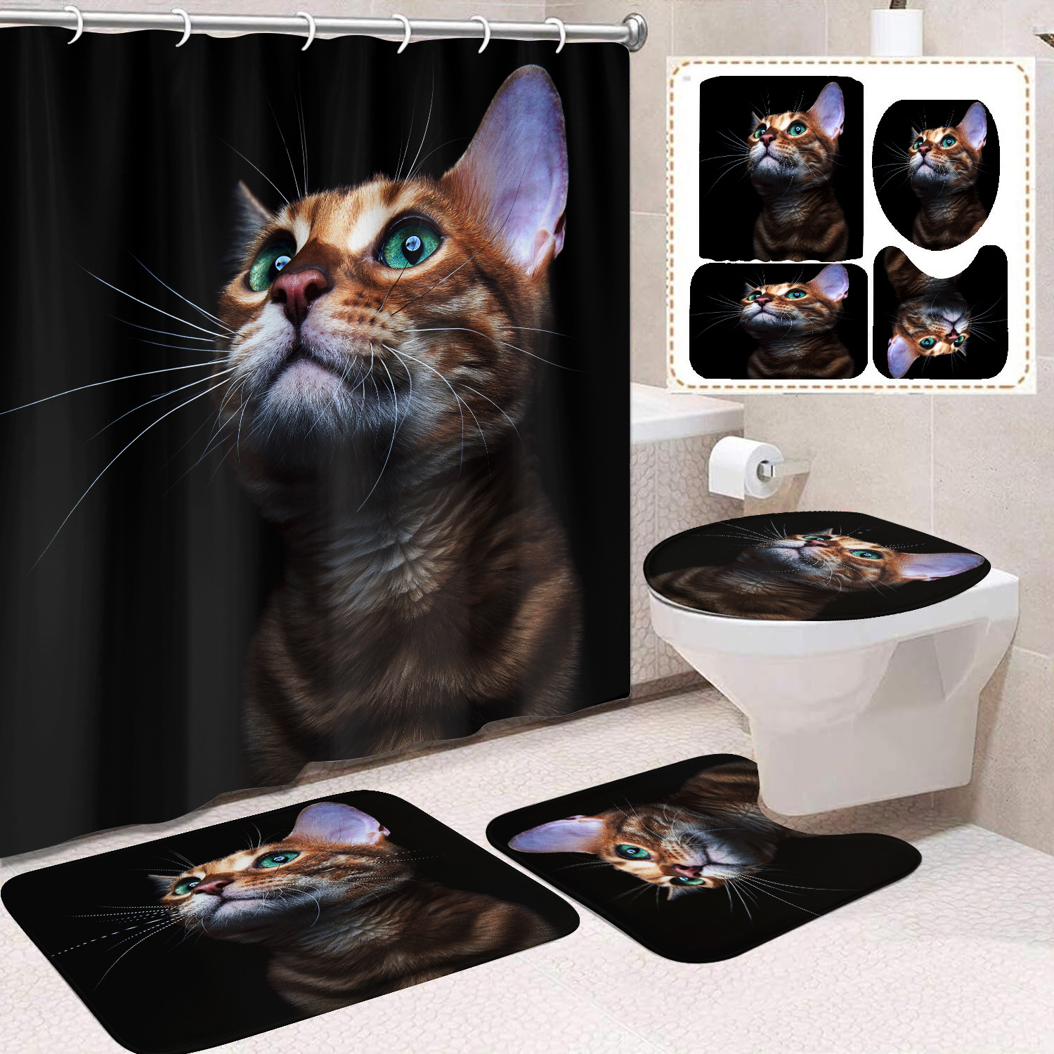 Fuente de fabricantes Amazon animales gatos niños cortina de ducha impermeable a prueba de moho cortina de ducha inodoro partición de baño divertido