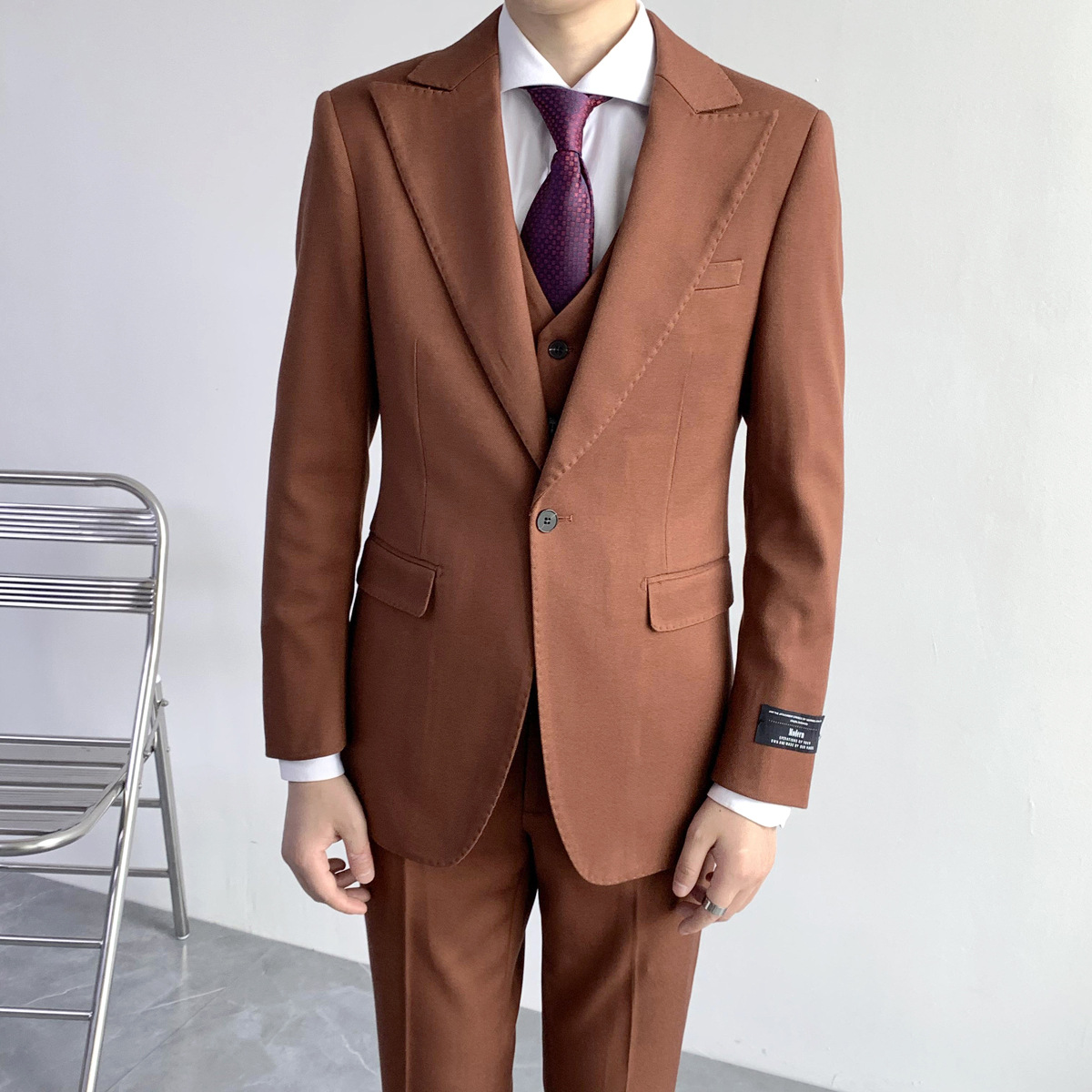 韩版修身男士西服三件套面料纯色西装套装上班职业宴会礼服发型师|ms
