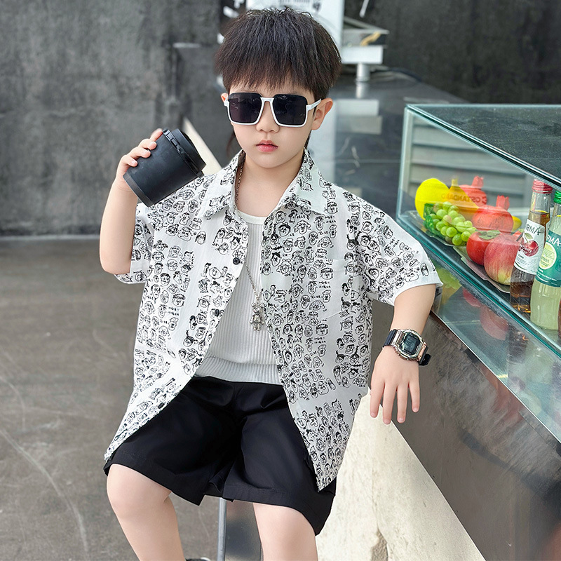 7320 traje de camisa de flores de manga corta para niños 2025 nueva ropa de moda de verano para niños, traje delgado de dos piezas