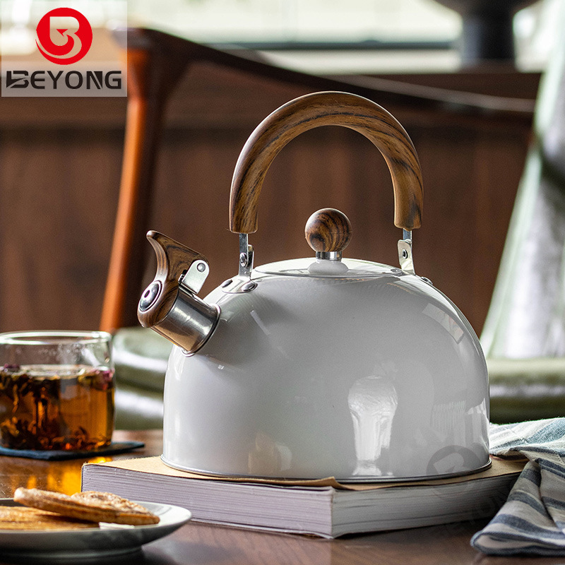 木紋摺疊手柄鳴笛燒水壺跨境不鏽鋼鳴音壺歐美輕奢3L口哨壺白色