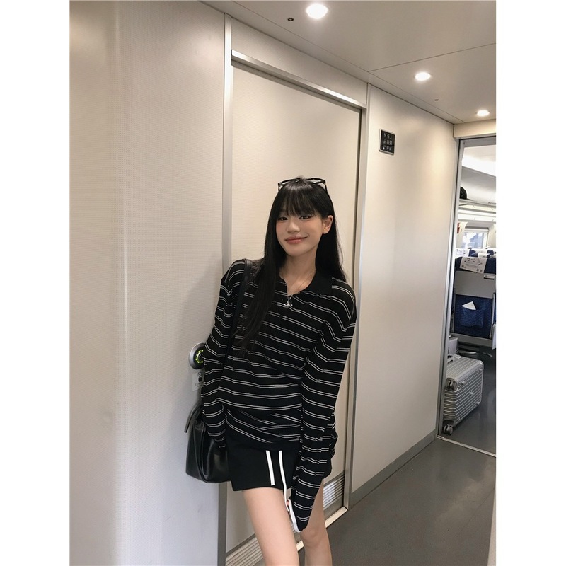 实拍 韩版休闲宽松中长款条纹T恤POLO领冰丝防晒针织衫女装87715|undefined