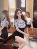 Mesh print patchwork irregular dress， spicy girl slim fit， slim fit， hip wrap short skirt