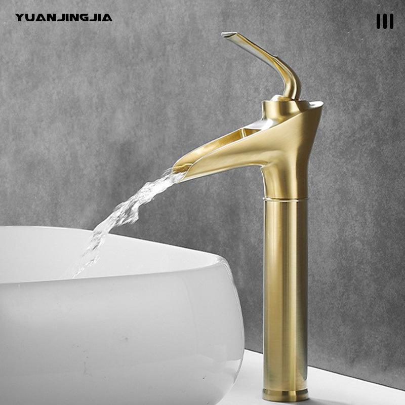 Brushed gold vintage copper single hole wine glass faucet bathroom bathroom counter basin waterfall type hot and cold faucet Brushed gold vintage copper single hole wine glass faucet bathroom bathroom counter basin waterfall type hot and cold faucet