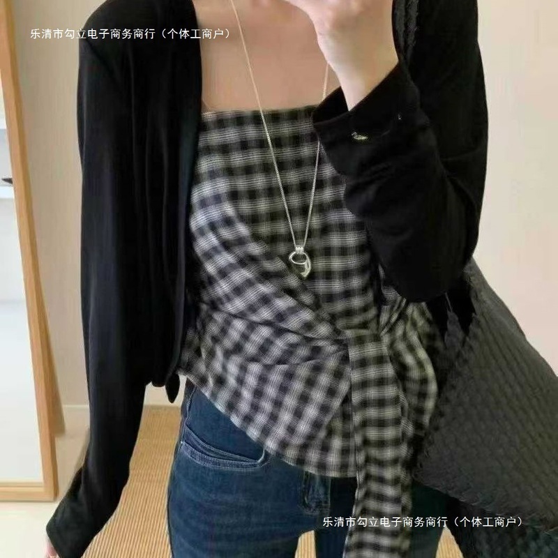 韩系格子绑带收腰吊带长袖针织开衫套装2025夏季新款女气质两件套|undefined