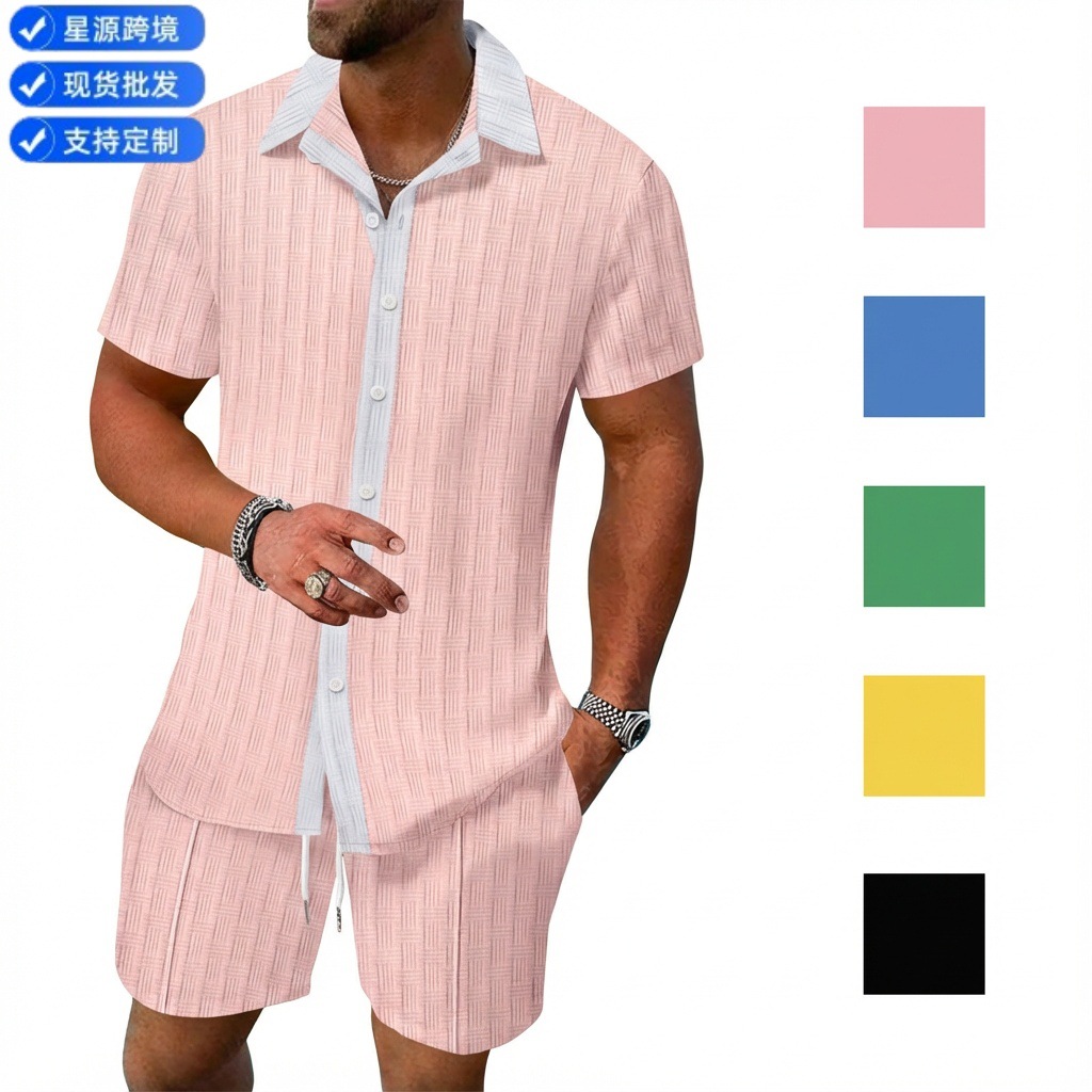 2025 년 여름 아마존 AliExpress 유럽과 미국의 국경 간 남성 컬러 매칭 셔츠 캐주얼 반팔 반바지 비치 세트