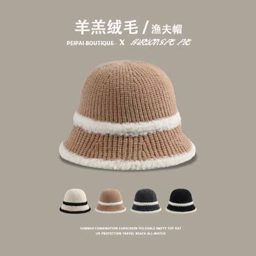 Autumn and winter fisherman hat women's new knitted all-match solid color basin hat lamb plush warm and cold-proof small bucket hat with face