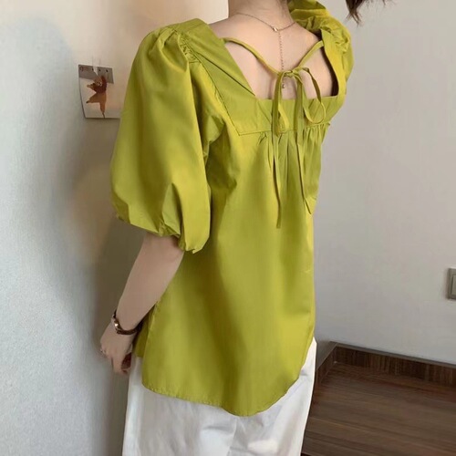 Green Collared Puff Sleeve Blouse for Women - Summer Short Sleeve Loose Plus Size Babydoll Shirt with Design Sense French Top