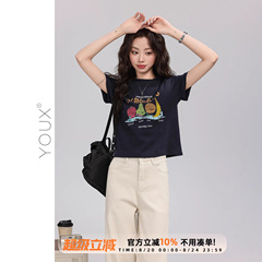 又巷【夏日】印花短袖t恤女2025夏新款韩系休闲时尚百搭短款上衣