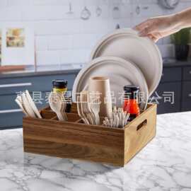 跨境木质厨房收纳盒刀叉纸巾储物盒可手提桌面碗筷勺子分格整理盒