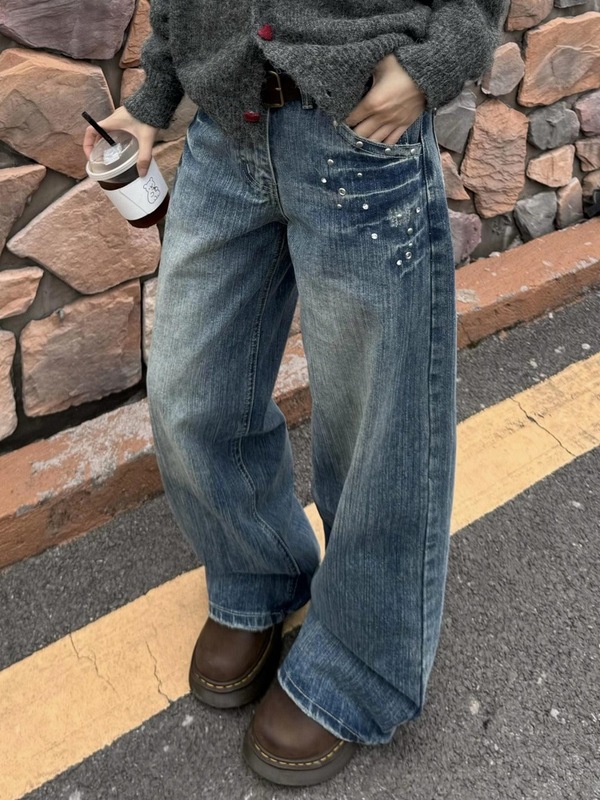 美式复古铆钉低腰阔腿牛仔裤男女款高街设计感宽松休闲显瘦直筒裤|undefined