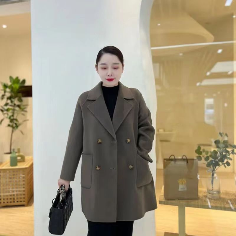 Women's Korean-style fashionable double-breasted woolen coat 2024 Spring and Autumn New elegant suit collar mid-length woolen coat