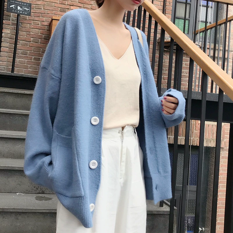 Свитер, Женская осенне-зимняя верхняя одежда, теплое свободное ленивое студенческое пальто средней длины, вязаный кардиган с V-образным вырезом, верхняя одежда