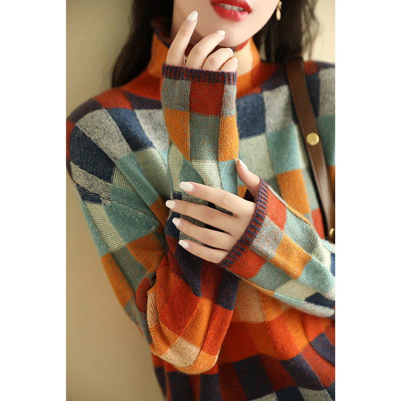 Suéter de punto a cuadros colorido para otoño e invierno, cuello alto, estilo informal, suéter básico entallado a cuadros para mujer, suéter a cuadros colorido para mujer.