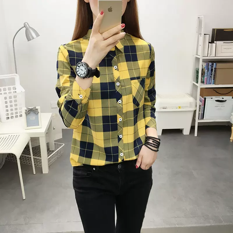 格子衬衫女长袖新款韩版复古港味打底衫衣大码春秋装休闲单穿外套