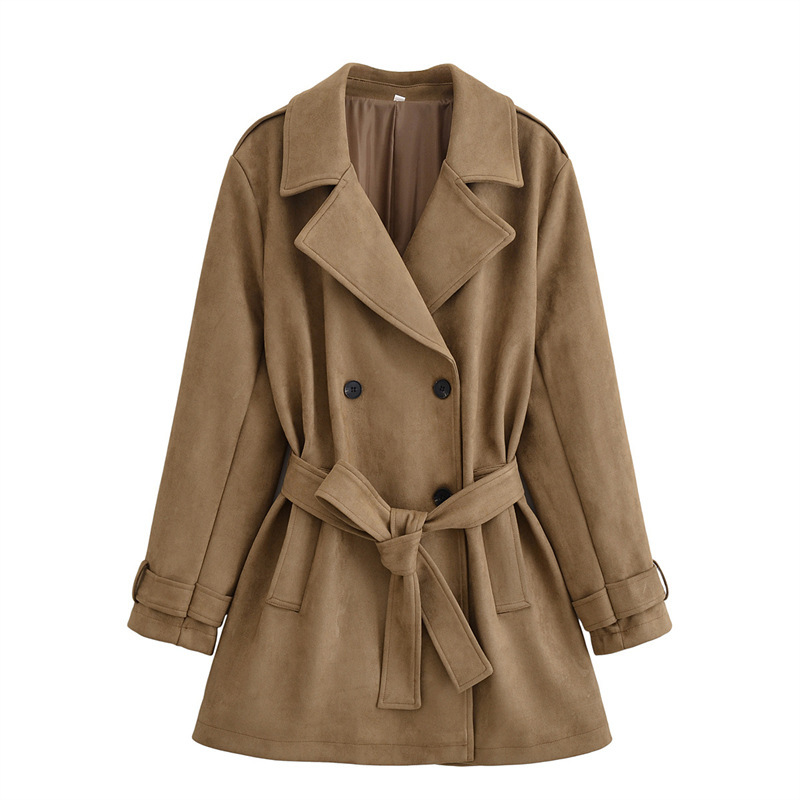 Foreign Trade Cross-Border Women's Clothing 2025 European and American Style Lapel Flap Pocket Pants Decorated with Suede Effect Windbreaker Jacket 3046279
