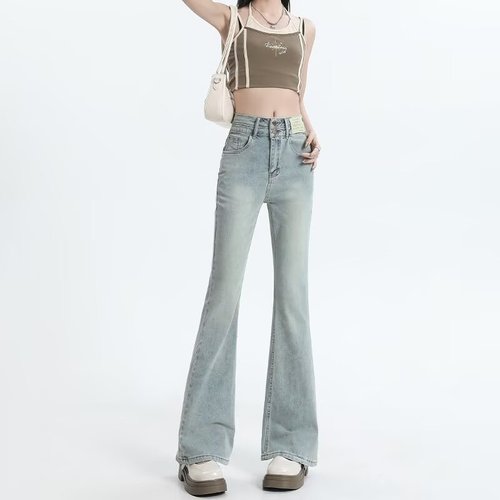 Women's Spring and Autumn Straight Leg Jeans, Lightweight Trendy Brand Slim High-Waisted Narrow Wide Leg Pants