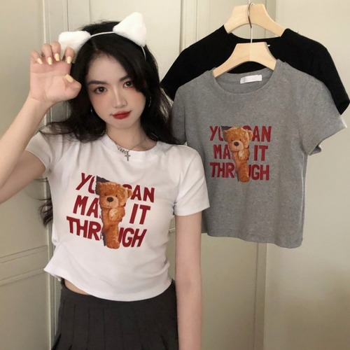 summer new style Korean letter bear print short-sleeved T-shirt women's slim short top foreign trade women's clothing