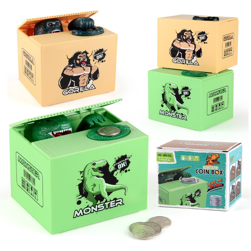 Juguetes de ocio para niños dibujos animados eléctricos robar dinero dinosaurio fruta caja moneda hucha comer dinero orangután hucha