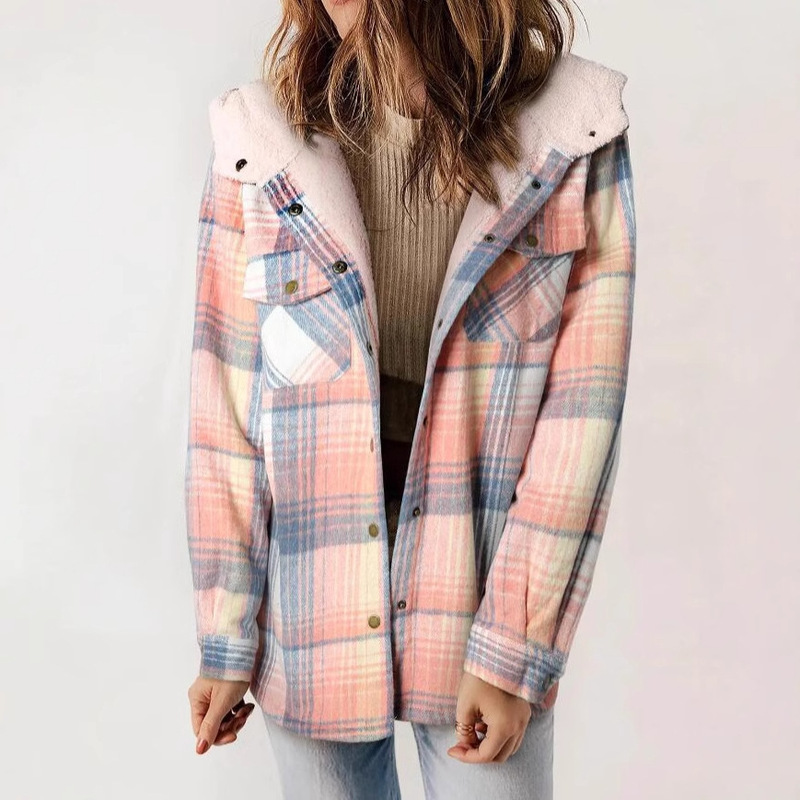 2024 European and American Amazon Autumn and Winter Women's Plaid Jacket Long Sleeve Fluffy Hooded Jacket Jacket with Pocket