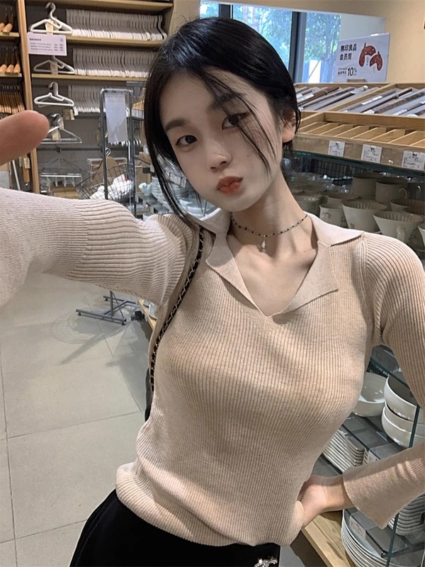 粉色长袖针织衫夏季设计感修身内搭打底衫女装polo领毛衣ins上衣|undefined