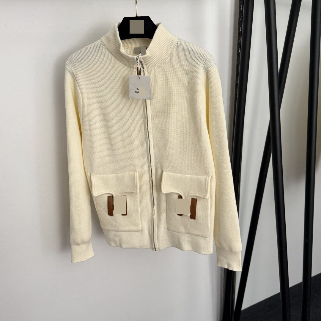 Nanyou high-end foreign trade stylish patchwork leather H-letter double-pocket long-sleeve stand-up collar knitted cardigan zipper jacket